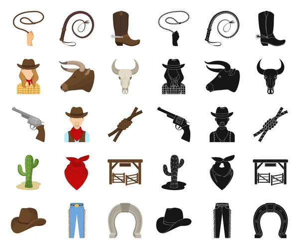 Rodéo, dessin animé de compétition, icônes noires dans la collection de décors pour le design. Cowboy et équipement vectoriel symbole stock illustration web . — Image vectorielle