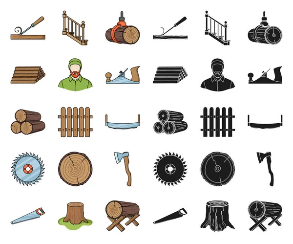 Sågverk och timmer, svart tecknad ikoner i set insamling för design. Hårdvara och verktyg vektor symbol lager web illustration. — Stock vektor