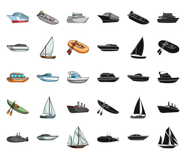Wody i morza transportu ikony kreskówka, czarny w kolekcja zestaw do projektowania. Wiele łodzi i statków ilustracji wektorowych symboli zasobów sieci web. — Wektor stockowy