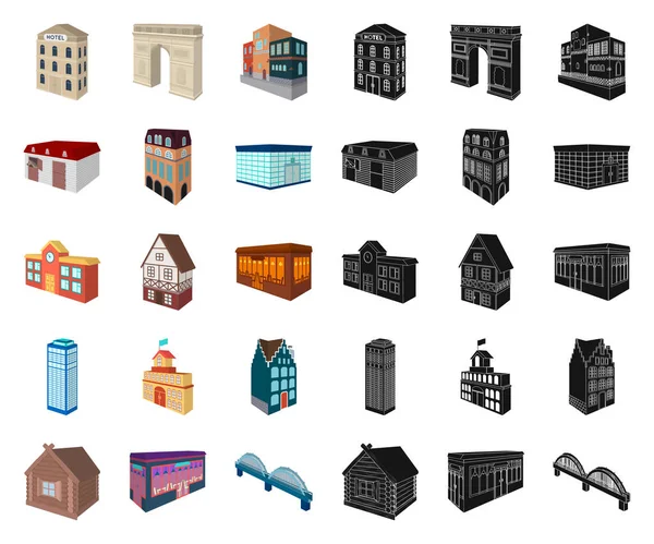 Desenhos Animados Construção Arquitetura Ícones Pretos Coleção Jogo Para Ilustração — Vetor de Stock