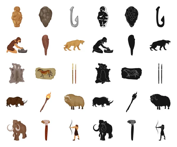 Life in the Stone Age dibujos animados, iconos negros en la colección de conjuntos para el diseño. Antigua gente vector símbolo stock web ilustración . — Vector de stock