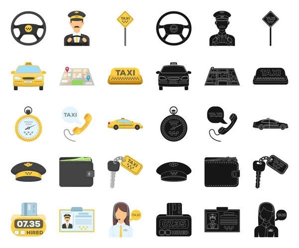 Taxi usługi ikony kreskówka, czarny w kolekcja zestaw do projektowania. Kierowca taksówki i transportu symbol web czas ilustracja wektorowa. — Wektor stockowy