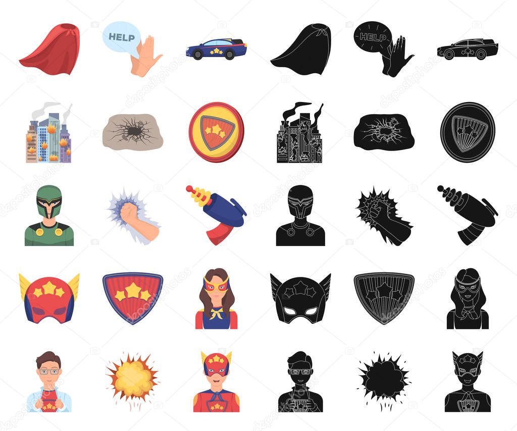 A fantastic superhero cartoon,black icons in set collection for design. Superheros equipment vector symbol stock  illustration.