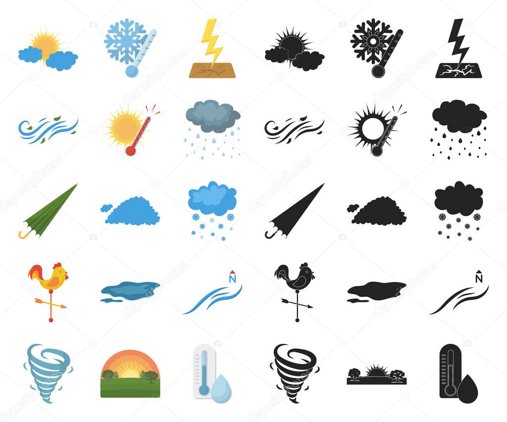 Different weather cartoon,black icons in set collection for design.Signs and characteristics of the weather vector symbol stock  illustration.