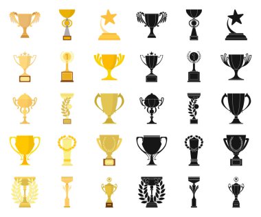 Set koleksiyonu tasarım için Gold Cup çizgi film, siyah simgeler. Kazananlar Kupası vektör simge stok web çizim.