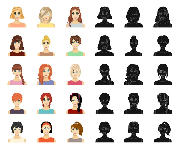 Types of female hairstyles cartoon, black icons in set collection for design. Внешний вид веб-иллюстрации женского векторного символа . — стоковый вектор