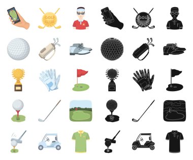 Set koleksiyonu tasarım için Golf ve öznitelikleri çizgi film, siyah simgeler. Golf Kulübü ve ekipman sembol stok web illüstrasyon vektör.