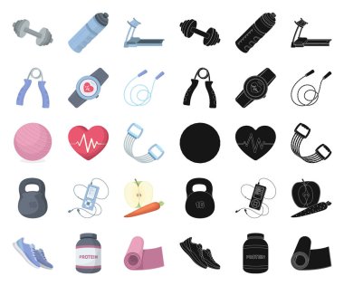 Set koleksiyonu tasarım için spor salonu ve eğitim çizgi film, siyah simgeler. Spor salonu ve ekipmanları sembol stok web illüstrasyon vektör.