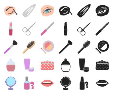 Set koleksiyonu tasarım için makyaj ve kozmetik çizgi film, siyah simgeler. Makyaj ve ekipman sembol stok web illüstrasyon vektör.