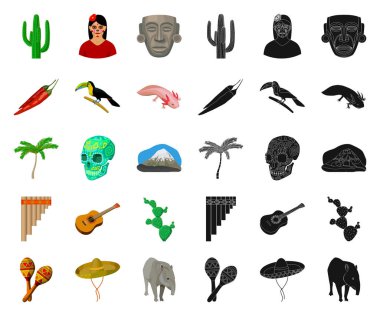 Set koleksiyonu tasarım için ülke Meksika çizgi film, siyah simgeler. Meksika ve dönüm noktası sembol stok web illüstrasyon vektör.