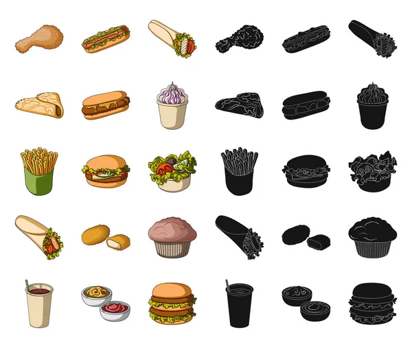 Fast food cartone animato, icone nere in collezione set per il design. cibo da semilavorati vettoriale simbolo stock web illustrazione . — Vettoriale Stock