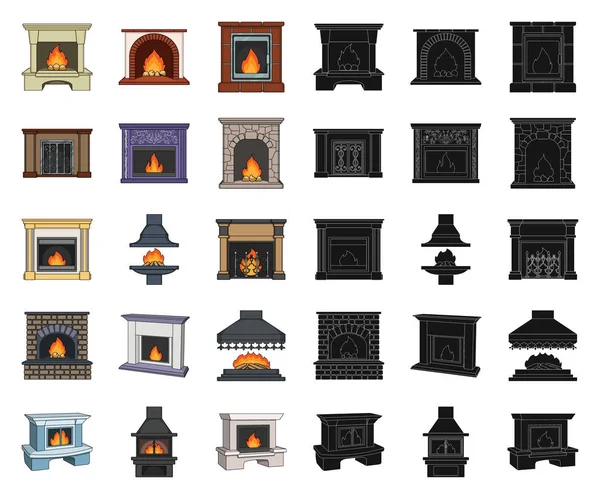Diferentes tipos de lareiras desenhos animados, ícones pretos na coleção de conjuntos para design.Fireplaces construção vetor símbolo web ilustração . — Vetor de Stock