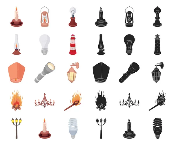 Source de lumière dessin animé, icônes noires dans la collection set pour le design. Illustration web du symbole vectoriel lumière et équipement . — Image vectorielle