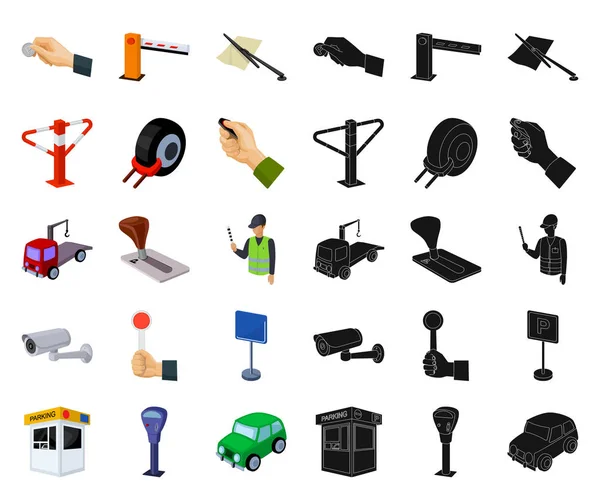Estacionamento para carros desenhos animados, ícones pretos em coleção de conjuntos para design. Ilustração web do estoque do símbolo do vetor do equipamento e do serviço . —  Vetores de Stock