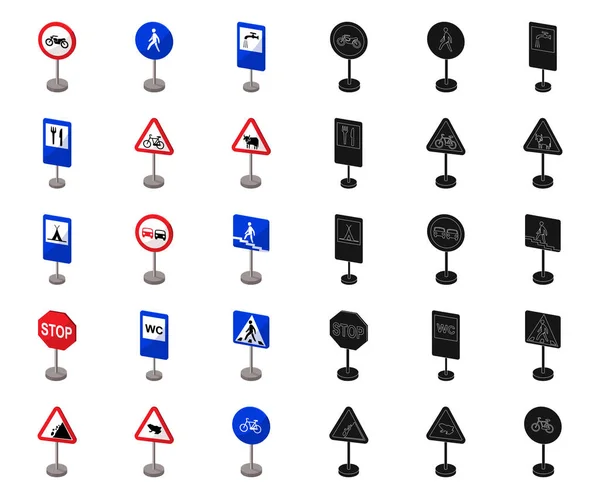 Verschiedene Arten von Verkehrsschildern Cartoon, schwarze Symbole in Set-Kollektion für Design. Warn- und Verbotsschilder Vektor Symbol Stock Web Illustration. — Stockvektor