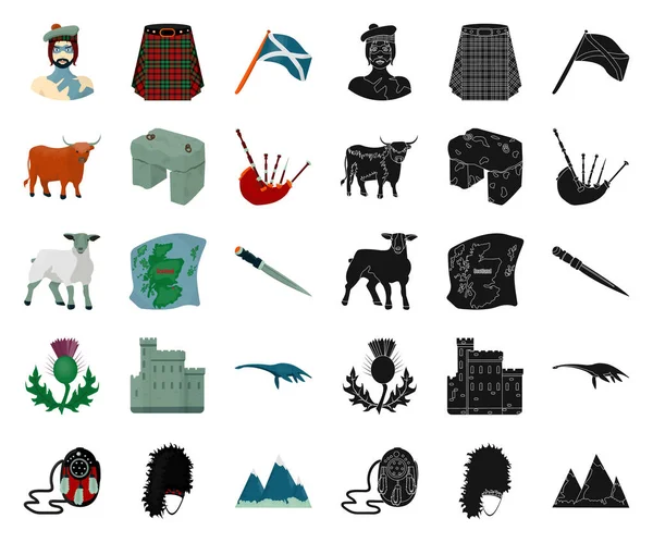 Country Scotland Cartoon, schwarze Symbole in Set-Kollektion für Design. Sightseeing, Kultur und Tradition Vektor Symbol Stock Web Illustration. — Stockvektor