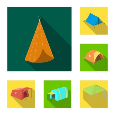 Çadır ve kamp logo yalıtılmış nesne. Hisse senedi için çadır ve orman vektör simge kümesi.
