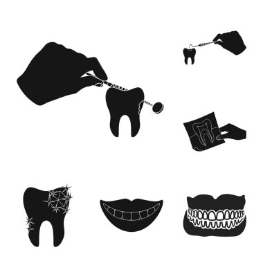 Diş ve mutlu simge vektör tasarımı. Diş ve hisse senedi için beyazlatma vektör simge kümesi.