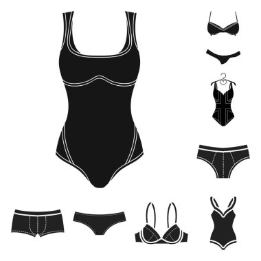 Bikini ve moda işareti vektör tasarımı. Stok için bikini ve mayo vektör simgesi koleksiyonu.