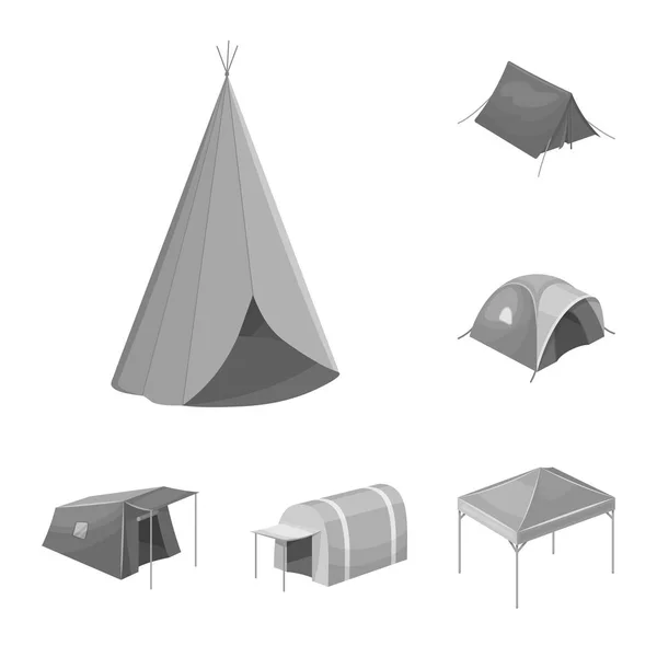 텐트와 캠프 로고의 고립 된 개체입니다. 주식에 대 한 텐트와 숲 벡터 아이콘의 컬렉션. — 스톡 벡터