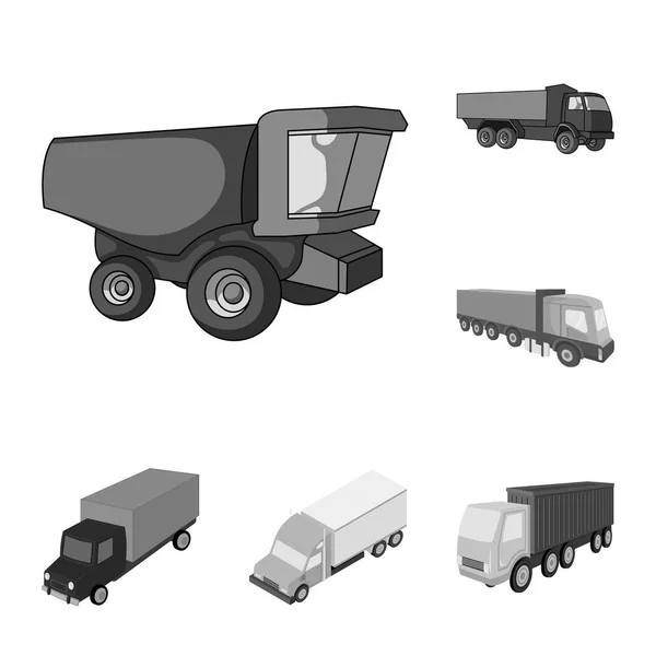 Απομονωμένο αντικείμενο του φορτηγού και το λογότυπο της αποστολής. Σύνολο των φορτηγών και κοντέινερ εικονίδιο του φορέα σε απόθεμα. — Διανυσματικό Αρχείο