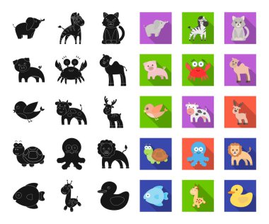 Gerçekçi olmayan bir siyah, düz hayvan simgeler toplama tasarımı için ayarlayın. Oyuncak hayvanlar sembol stok web illüstrasyon vektör.