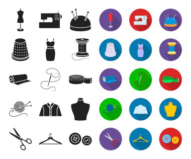 Atelier ve dikiş siyah, düz simgeler set koleksiyonu tasarım için. Dikiş vektör için cihazlar ve hisse senedi illüstrasyon simge.