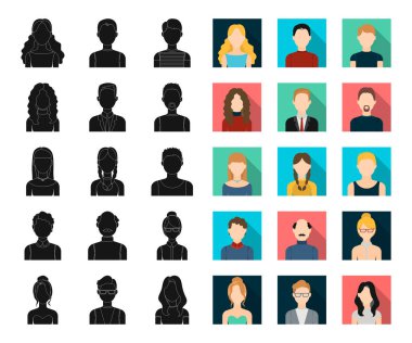 Avatar ve yüz siyah, düz simgeler set koleksiyonu tasarım için. Bir kişi görünümü vektör simge stok web çizim.