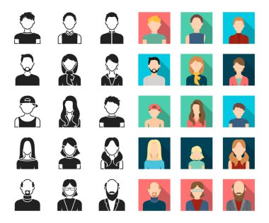 Avatar ve yüz siyah, düz simgeler set koleksiyonu tasarım için. Bir kişi görünümü vektör simge stok web çizim.