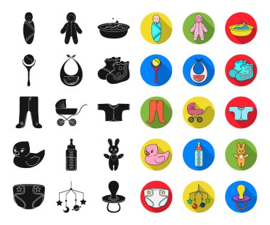 Bir bebek siyah, düz simgeler kümesi koleksiyonundaki Doğum tasarım için. Sembol stok web illüstrasyon vektör yeni doğan ve aksesuarları.