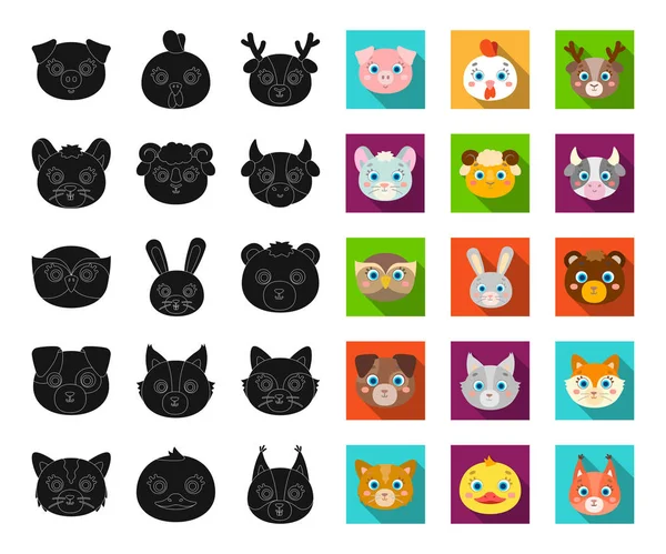 Ağızlıklar set koleksiyonu tasarım için hayvan siyah, düz simgeler. Yerli ve vahşi hayvanlar sembol stok web illüstrasyon vektör.