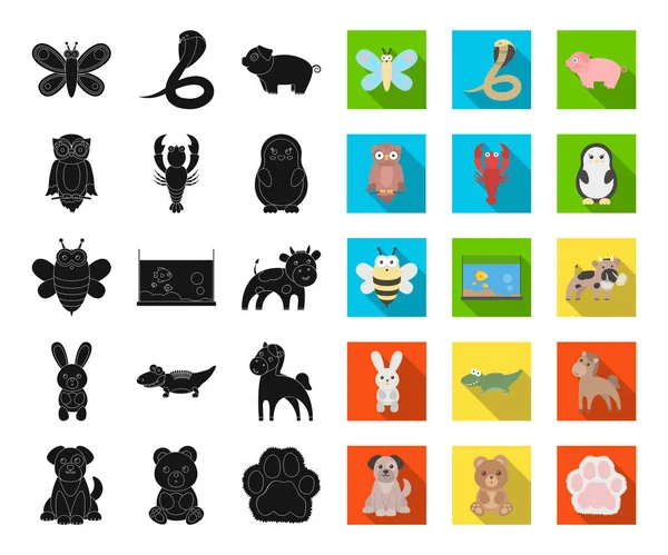 Gerçekçi olmayan bir siyah, düz hayvan simgeler toplama tasarımı için ayarlayın. Oyuncak hayvanlar sembol stok web illüstrasyon vektör. — Stok Vektör