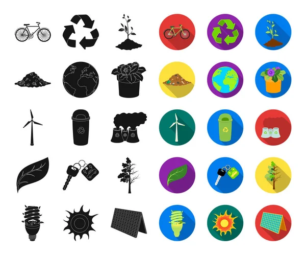 Biologia e ecologia preto, ícones planos em coleção de conjuntos para design. Um produto ecologicamente puro símbolo vetorial web ilustração . —  Vetores de Stock