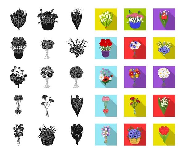 Un ramo de flores frescas negro, iconos planos en la colección de conjuntos para el diseño. Varios ramos vector símbolo stock web ilustración . — Archivo Imágenes Vectoriales