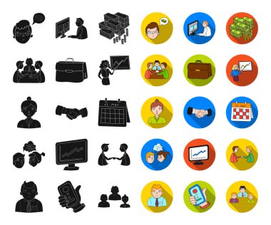 İş konferans ve görüşmeleri siyah, düz simgeler set koleksiyonu tasarım için. İş ve eğitim sembol stok web illüstrasyon vektör.