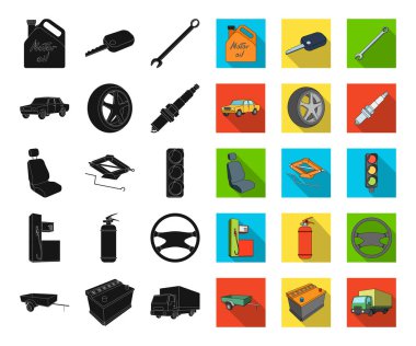 Araba, set koleksiyonu tasarım için araç siyah, düz simgeler. Araba ve ekipman sembol stok web illüstrasyon vektör.