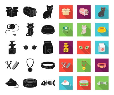 Bir hayvan kedi set koleksiyonu tasarım için siyah, düz simgeler. Bir kedi vektör simge stok web Gösterim amacıyla bakım.