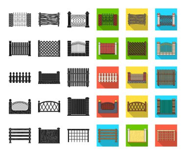 Set koleksiyonu tasarım için farklı çit siyah, düz simgeler. Dekoratif eskrim sembol stok web illüstrasyon vektör.