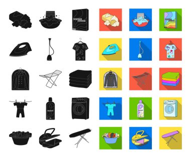 Kuru temizleme donanımları siyah, düz simgeler set koleksiyonu tasarım için. Yıkama ve giyim Ütü sembol stok web illüstrasyon vektör.