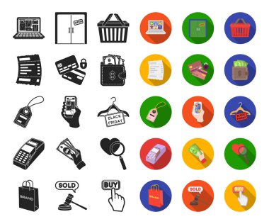 E-ticaret, satın alma ve satış siyah, düz simgeler set koleksiyonu tasarım için. Ticaret ve finans sembol stok illüstrasyon vektör.