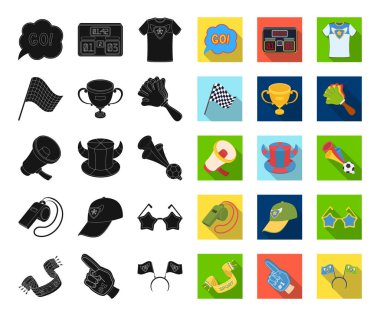 Fan ve öznitelikleri siyah, düz simgeler set koleksiyonu tasarım için. Spor Fan vektör simge stok web çizimi.