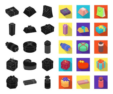 Hediye ve tasarım için set koleksiyonunda siyah, düz simgeler ambalaj. Renkli ambalaj sembol stok web illüstrasyon vektör.