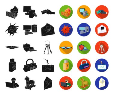 Hacker ve kesmek siyah, düz simgeler set koleksiyonu tasarım için. Sembol stok web illüstrasyon vektör hacker ve ekipman.