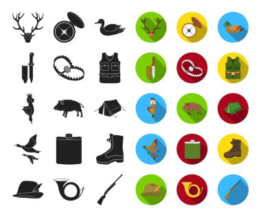 Avcılık ve kupa siyah, düz simgeler set koleksiyonu tasarım için. Avcılık ve ekipman sembol stok web illüstrasyon vektör.