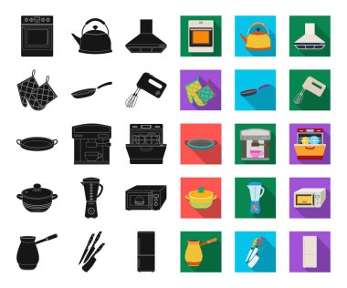 Mutfak ekipman siyah, düz simgeler set koleksiyonu tasarım için. Sembol stok web illüstrasyon vektör mutfak ve aksesuarları.