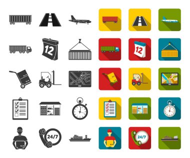 Lojistik hizmet set koleksiyonu tasarım için siyah, düz simgeler. Lojistik ve ekipman sembol stok illüstrasyon vektör.