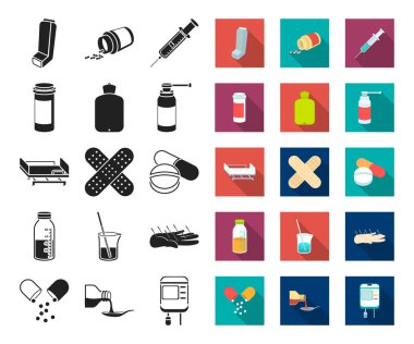 İlaç ve tedavi siyah, düz simgeler set koleksiyonu tasarım için. Tıp ve ekipman sembol stok web illüstrasyon vektör.