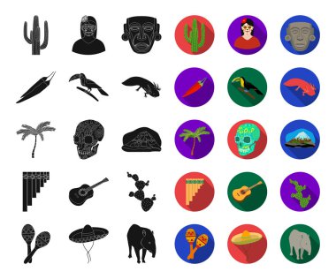 Ülke Meksika siyah, düz simgeler set koleksiyonu tasarım için. Meksika ve dönüm noktası sembol stok web illüstrasyon vektör.