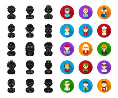 Farklı mesleklerden siyah, düz simgeler set koleksiyonu tasarım için halkı. İşçi ve uzman sembol stok illüstrasyon vektör.