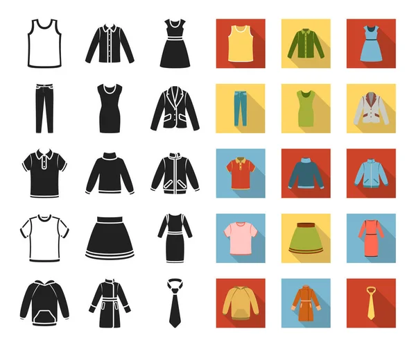 Diferentes tipos de ropa negra, iconos planos en la colección de conjuntos para el diseño. Ropa y estilo vector símbolo stock web ilustración . — Archivo Imágenes Vectoriales